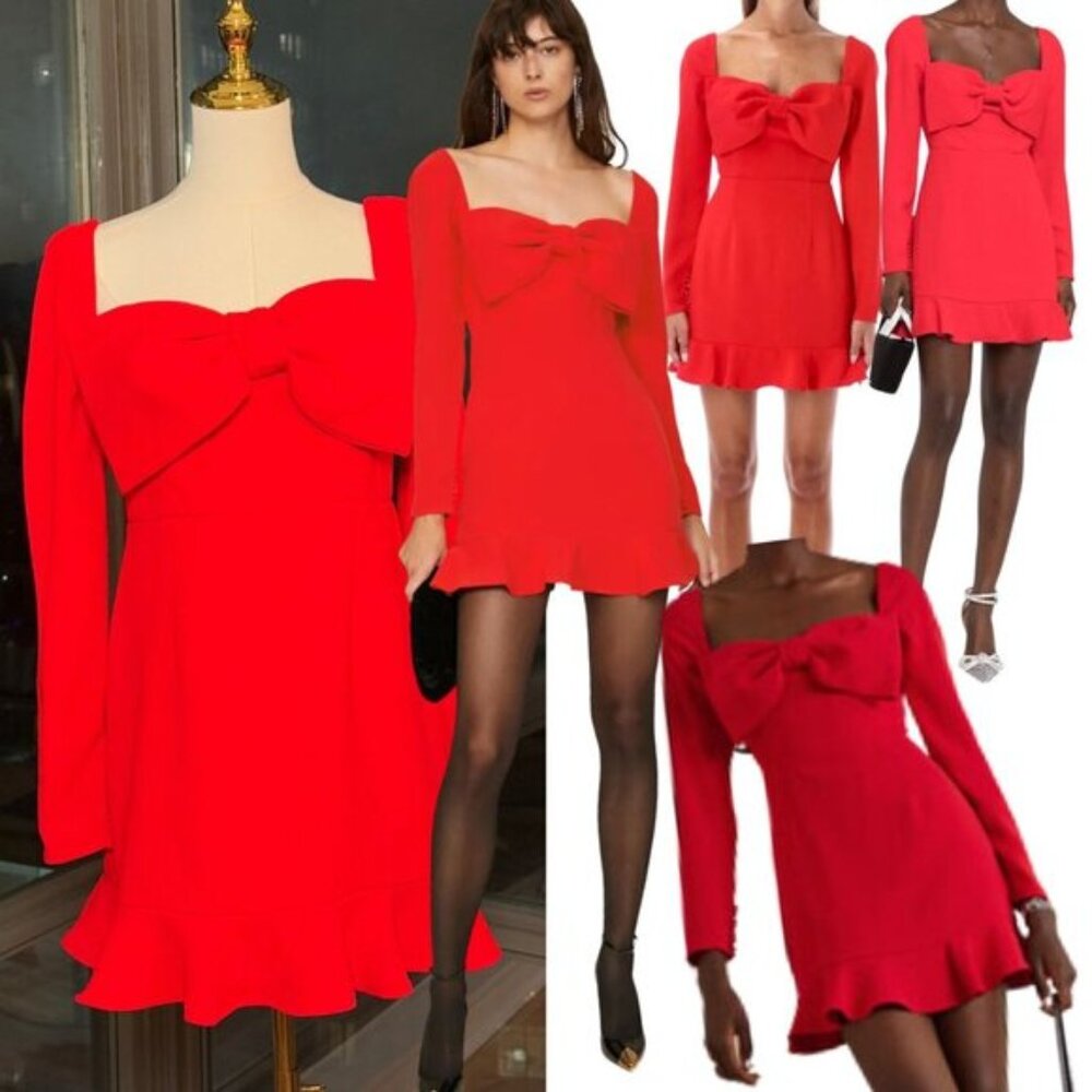 🆕 SELF-PORTRAIT 🧿 NWOT Red Crepe Bow Long Sleeve Mini Dress, Sz UK 14 US 10